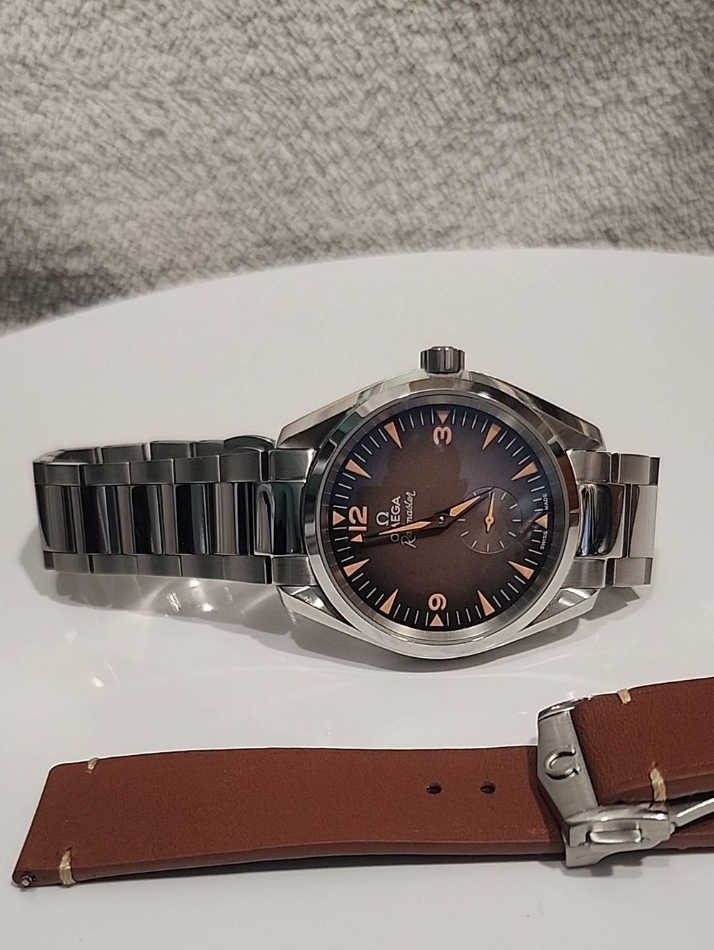 Omega Men's Stainless Steel Watch - Brown Dial with Orange Accents